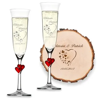 polar-effekt Holz Geschenkset 3-TLG Baumscheibe 16-19 cm mit 2x Sektgläser personalisiert - mit Wunschname graviert - für Jahrestag, Hochzeitstag - Motiv Herz mit kleinen Herzen
