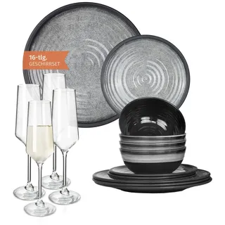 Moritz Geschirr-Set Camping Geschirr Stone Grey + Milano Champagnergläser
