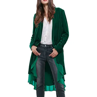 R.Vivimos Herbst Winter Damen Samt Rüschen Mantel Casual Vintage Lange Jacke Kragenlos Klassische Schwalbenschwanz Blazer(XLarge,Grün) - XL