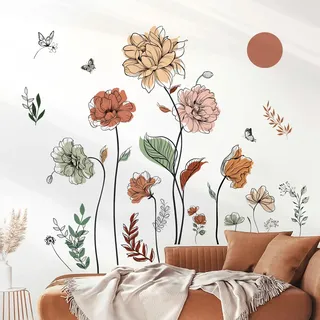 decalmile Wandsticker Boho Blumen Wandtattoo Retro Pflanzen Schlafzimmer