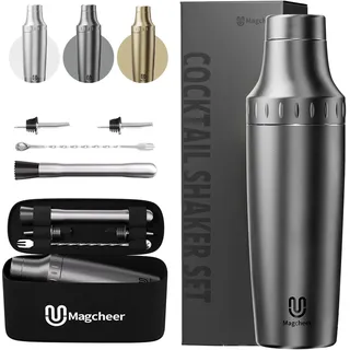 Magcheer Cocktail Shaker Set mit Integrierter Maßskala 900ml Premium Edelstahl Frostsicherer Doppelwand-Barkeeper Set Geschenkset mit Aufbewahrungsbox für Anfänger und Barkeeper (Grau)