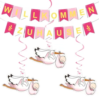 Willkommen Zuhause Baby, Vormontiert Herzlich Willkommen Girlande, mit 6 Stück Storch zur Geburt, Babyparty Deko Mädchen, Willkommen Zuhause Girlande, Welcome Home Baby