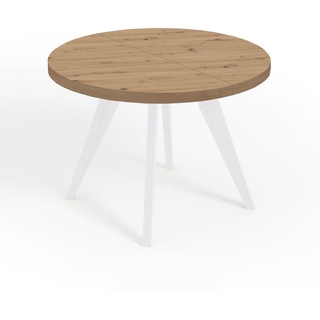Runder Ausziehbarer Tisch für Esszimmer, LORA, Loft-Stil, Skandinavische, Durchmesser: 90 / 140 cm, Farbe: Eiche Artisan / Weiß