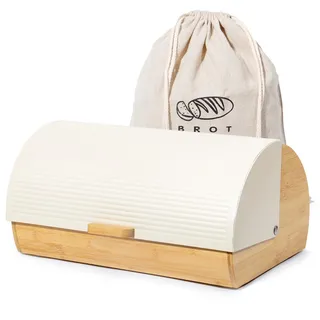 GREELUE Brotkasten Metall Holz, Brotbox Schwarz, Brot Aufbewahrungsbox groß, Brotkorb mit Deckel, Bread Box Küche, Brotbeutel (Beige-39cm)