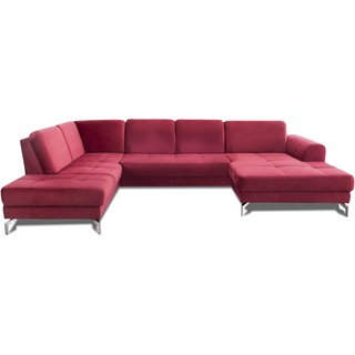 CAVADORE Wohnlandschaft Benda / Große Sofagarnitur mit XL-Longchair rechts & Federkern / Inkl. Sitztiefenverstellung / 332 x 87 x 226 / Samt: Rot