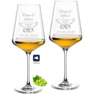 laser-diele Leonardo Weingläser mit Gravur - Tauben & Ringe - Personalisiert mit Namen und Datum - Hochzeitsgeschenk für das Brautpaar - 560ml Puccini