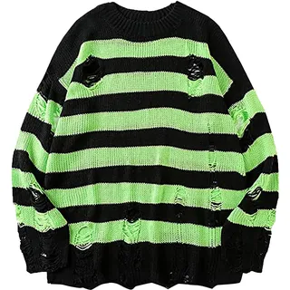 Y2K Sweater Vintage - Grunge Sweater Stripes, Striped Sweater Grunge-Pullover Zerissen-Strickpullover-Löchern-Grobstrickpullover Gothic-Punk Teenager Mädchen Y2K Pulli Herbst Winter Warm Oberteile - Medium