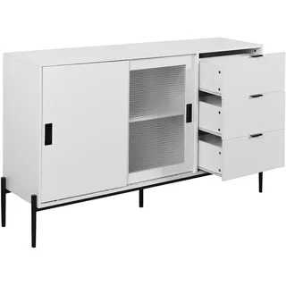 OKWISH Sideboard 160x40x80 cm Weiß mit Rippenglas Schiebetür 3 Schubladen 2 Türen, moderner Konsolenschrank aus Spanplatte für Flur Küche