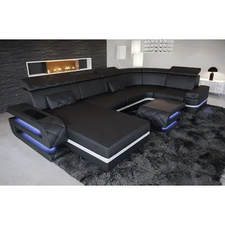 Sofa Dreams Wohnlandschaft Bologna U Form Leder, 6-Sitzer, Couch, opt. Schlaffunktion, Kopfstützen, Farbwechsel-LED schwarz
