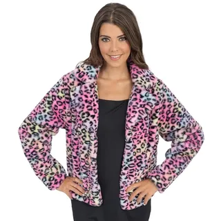 Chaks - Leo Jacke Damen, Kunstfell Jacke mit Leopardenmuster | Plüsch Jacke als Kostüm Accessoire, Bunter Leo Look für Karneval, Mottoparty und Festival
