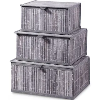 Honygebia Aufbewahrungsbox mit Deckel Grau – Bambus Deko Aufbewahrungskorb, 3er Set Rattan Korb mit Deckel Gewebtem Stoffeinsatz für Badezimmer Küche Regal Organisation (Grosz/Mittel/Klein)