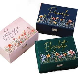 Shangyue Schmuckkästchen aus Samt mit Schublade, Namens-Schmuckschatulle mit Blumen, Hochzeitsgeschenk, Geschenk für sie (Rosa, 23 x 17 x 11 cm)