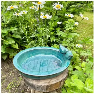 Antikas Futterstation Vogeltränke, Vogelbad - Oval, Keramik, Petrol, H 11,3 x B 30,0 cm blau