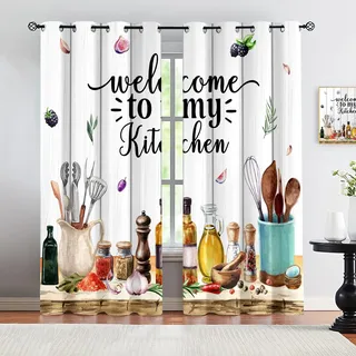 Rustikaler Küchenstil Vorhänge Farmhouse Country Minimalismus Küchenutensilien Gewürze Obst Bäckerei Sweet Home Aquarell Verdunkelungsgardinen Ösen Blickdicht Esszimmer Küche 2er Set 132x214 cm