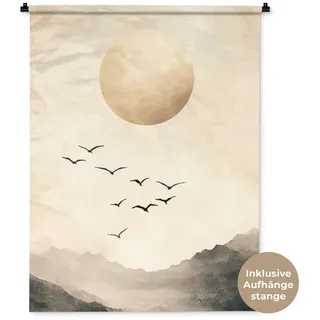 MuchoWow Wandteppich Landschaft - Japandi - Vogel, Rechteckig, Höhe: 3 mm, Wanddeko Teppich Wohnzimmer, Schlafzimmer, 90x120 cm beige Rechteckig | 90 cm x 120 cm x 3 mm