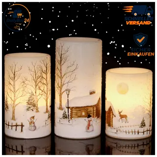 Weihnachtskerzen LED Schneemann-Motiv 3er Set mit Timerfunktion Deko Weihnachten