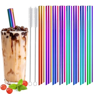 Bubble Tea Strohhalme - Strohhalm Edelstahl 8 Stück Farbstroh, Wiederverwendbar Boba Strohhalme, mit 2 Reinigungsbürsten und 1 Baumwolltasche, Geeignet Für Smoothie, Saft und Getränke (8Pcs)