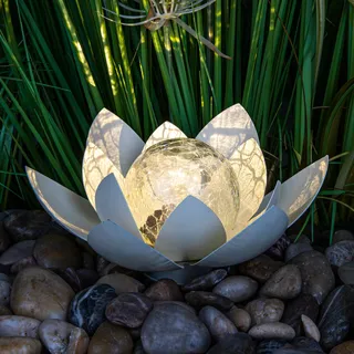 Spetebo LED Solar Lotusblüte mit Crackleglas Kugel, 25 x 11 cm | Deko Kugelleuchte für den Garten, Outdoor Gartenkugel, Dekoleuchte Lotus Solarlampe, Gartendeko Bruchglas Design