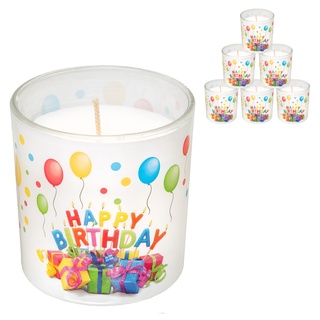 Candelo 6er Set Hochwertige Geburtstagskerzen im Glas - Ambiente - Happy Birthday 8cm x 7cm - 25 Std Brenndauer - Windlicht ohne Duft - Glaskerze