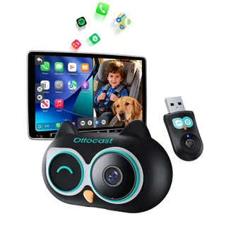 Ottocast Cabin Care 2026, Ottocast Mini Wireless CarPlay Adapter mit 1080P Kamera, 150° Weitwinkel Rücksitz‐Ansicht, Plug & Play über USB‐A, Für Fahrzeuge mit originalem CarPlay