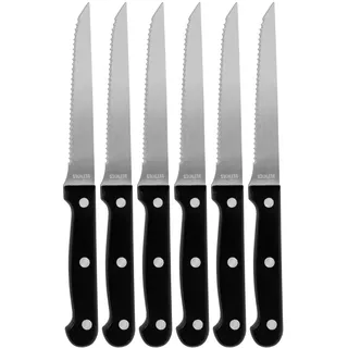 Hochwertige Steakmesser, 6er-Set aus Edelstahl, Grillmesser mit gezackten Klingen, Länge 21 cm, ideal auch für Pizza und BBQ