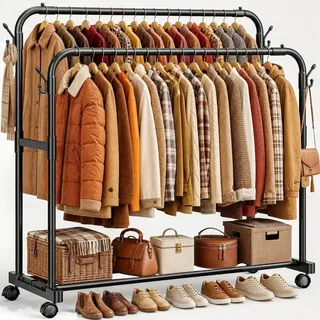Klyvvo Kleiderständer Doppelter Kleiderständer auf Rollen mit 4 Haken & Anti-Rutsch Design, (1 St., Stabiler Garderobenständer mit doppelter Kleiderstange), für Kleider, Pullover, Mäntel, Clothes Rack, Tiefschwarz schwarz