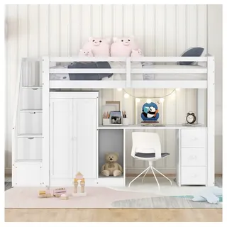 XDeer Jugendbett 90 x 200 Hochbett mit Kleiderschrank und Treppe, Schreibtisch, und Schubladen und Schrank in einem, weiß