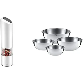 WMF Elektrische Mühle weiß Kunststoff Acrylglas & Schüssel-Set Gourmet für die Küche 4-teilig Edelstahl Cromargan Multifunktional als Rührschüssel Salatschüssel Servierschüssel stapelbar
