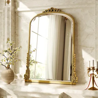 BEAUTYPEAK Vintage Wandspiegel 81x61 cm, Barock Oval Spiegel mit Gold Rahmen, Hochauflösender Gewölbter Wandspiegel, Großer Dekospiegel für Wohnzimmer, Bad, Flur