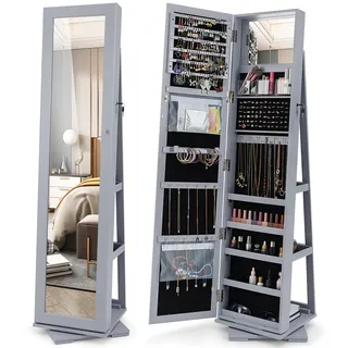 RELAX4LIFE 3-in-1 Schmuckschrank drehbar, mit Ganzkörperspiegel & eingebautem kleinen Spiegel, Spiegelschrank & Schmuckregal, Schrank für Schmuckaufbewahrung, abschließbar (Grau)