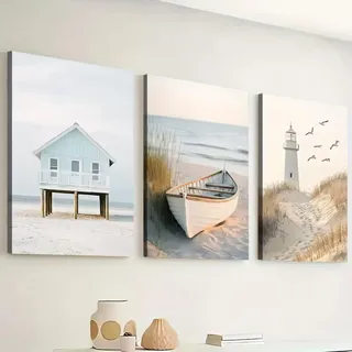 TROYSINC 3er Poster Set – Dekorative Strandbilder im beruhigenden Küstenstil, Wanddekoration mit Sandstrand, Hütte und Leuchtturm für Wohnzimmer & Schlafzimmer (50x70cm)