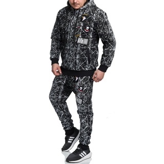 L.gonline Freizeitanzug Herren Jogging-Anzug, USA Patches Strick 685, Trainings-Anzug aus (Kapuzenjacke mit Reißverschluss, Hose, 2-tlg), Fitness Freizeit Casual schwarz S