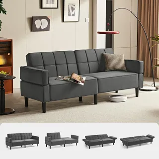 LINSY HOME Sofa mit Schlaffunktion, Klappsofa Sofa 3 Sitzer, Schlafsofa mit Verstellbarer Rückenlehne Armlehnen, 3 Sitzer Sofa mit Bettfunktion aus Samtstoff (Grau)
