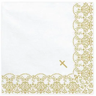 1 20 Servietten 33x33cm weiß mit goldenem Ornament Kommunion Konfirmation Taufe