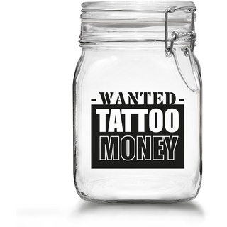 Tattoo Spardose - Spare Geld für Dein nächstes Tattoo - Tattoo Money Sparbüchse aus Glas mit Bügelverschluss (Tattoo Money - Wanted 2)