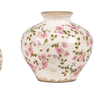 Keramik Blumenvase mit Blüten-Dekor, Vintage-Optik, Glasierte Oberfläche, 13 cm