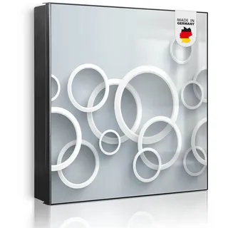 banjado Schlüsselkasten aus Metall mit Motiv Weiße Ringe (Stahl Gehäuse, mit 32 Haken, beschreibbar & magnetisch), 30 x 30 x 5 cm schwarz
