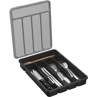 Lifewit Besteckkasten für Schubladen mit Deckel, 23,5 x 32,3 cm Küchenutensilien Besteckeinsatz, 5 Fächern Kunststoff Schmale Schubladen Organizer Küche Besteckkorb für Backen/Messer/Gabel, Schwarz