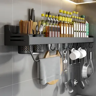 Hovoto Gewürzregal, Gewürzregal Hängend, GewürzregaleKüchenregal wand ohne Bohren, Gewürz Organizer mit Messerschlitz, Haken, Becher, Küchenregal Wand für Gewürze, Schwarz, 50cm