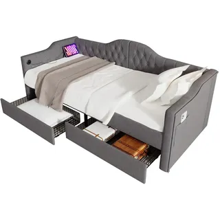 OKWISH Tagesbett Schlafsofa Leinenstoff mit Stauraum 2 Schubladen Seitentaschen USB Typ-C Modernes Design Wohnzimmer Gästezimmer 90x190 cm Grau