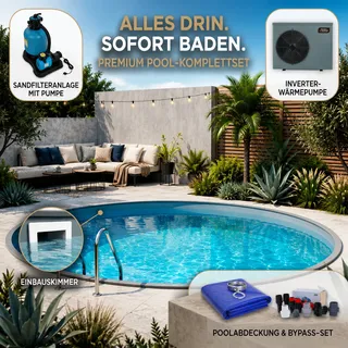 Pool Komplettset Rund 3,00x1,20 m Stahlwand Einbaupool Grau Sandfilter Heizung