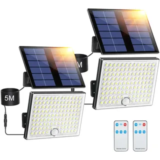 Giliwosy Solarlampen für Außen mit Bewegungsmelder und Fernbedienung, IP65 Wasserdichte Solar Strahler mit 5m Kabel für Garage, Garten, Hof, Stufen, Haustüren-2 STÜCK