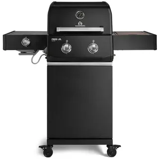 BURNHARD® Gasgrill 2-Brenner, 2x Edelstahl-Stabbrenner, 3,75 kW, Infrarot-Keramikbrenner, Seitentisch, Gussrost, Piezo-Zündung, kompakt, für 5 Personen – FRED Jr. Deluxe schwarz