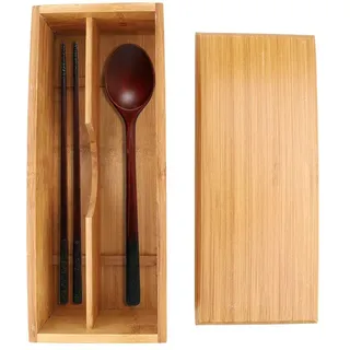 Alvinlite Besteckaufbewahrung aus Bambus mit Deckel, Besteckkasten mit 2 Fächern, Japanischer Besteckbox, Bambus Organizer für Küchenbesteck, 27 x 11 x 6,6 cm Aus Holz