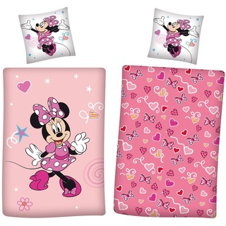 Minnie Mouse Winter-Bettwäsche Set 135x200 + 80x80 cm aus 100% Baumwolle · Rosa Biber-Bettwäsche mit Herzen und Schleifen für Mädchen