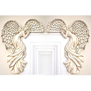 Garden Mile Engel Türrahmen Ornament, Vintage Stil Shabby Chic Angelic Figuren Elfenbein Engelsflügel Einzigartige Antik Optik Home Dekoration Wandskulptur (rechts und links)