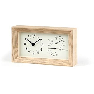 Lemnos Tischuhr Frame/Tischuhr Holz mit Thermometer & Hygrometer, aus Japan/kleine Uhr zum hinstellen/Tischuhr Vintage/Uhr ohne Tickgeräusche – Stehuhr Farbe Natur