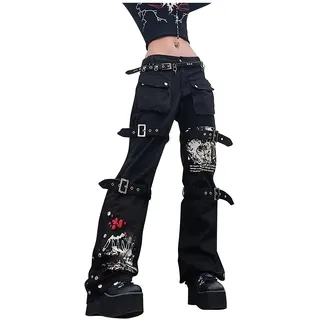 IQYU Punk Hosen Damen Low Waist Cargo Baggy Jeans 90er Gothic Hosen Punk Gothic Hose Totenkopf Teenager MäDchen Jeans Trend Hip Hop Hosen Grunge E-Girl Kleidung Y2k Jeanshosen 90er Streetwear - Medium
