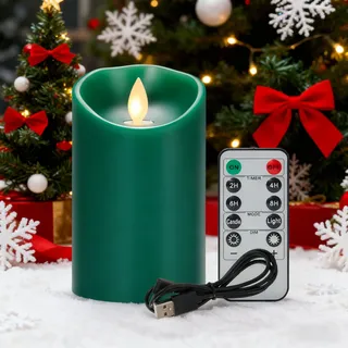 Koelaa Wiederaufladbare LED Kerzen, Grün Flammenlose Kerzen, Aufladbare Echtwachskerzen, LED Flammenlose Kerzen Flackern mit Fernbedienung und Timer, LED Kerzen für Party, Weihnachten-7.5 * 10cm