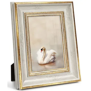Afuly Vintage Bilderrahmen 10x15 Gold Weiß Fotorahmen Picture Frames | Stabile Konstruktion, Aufhängevorrichtung, Leicht zu öffnende Rückwand, Deko für Wand Tisch, Family Geburtstag Geschenke
